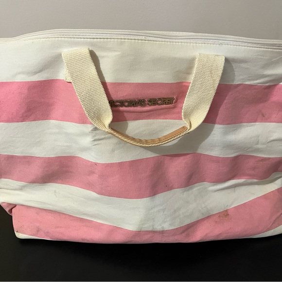 Victoria's Secret Pink and White Striped Canvas Tote Bag Large Zip Up has stains - Picture 2 of 9